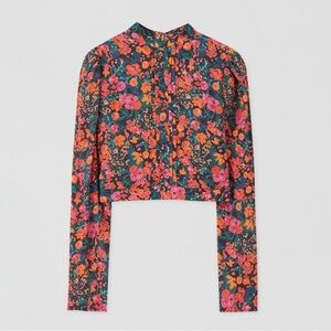 PULL&BEAR WOMENS FLORAL SEMI CROPPED BLOUSE RED PINK LARGE